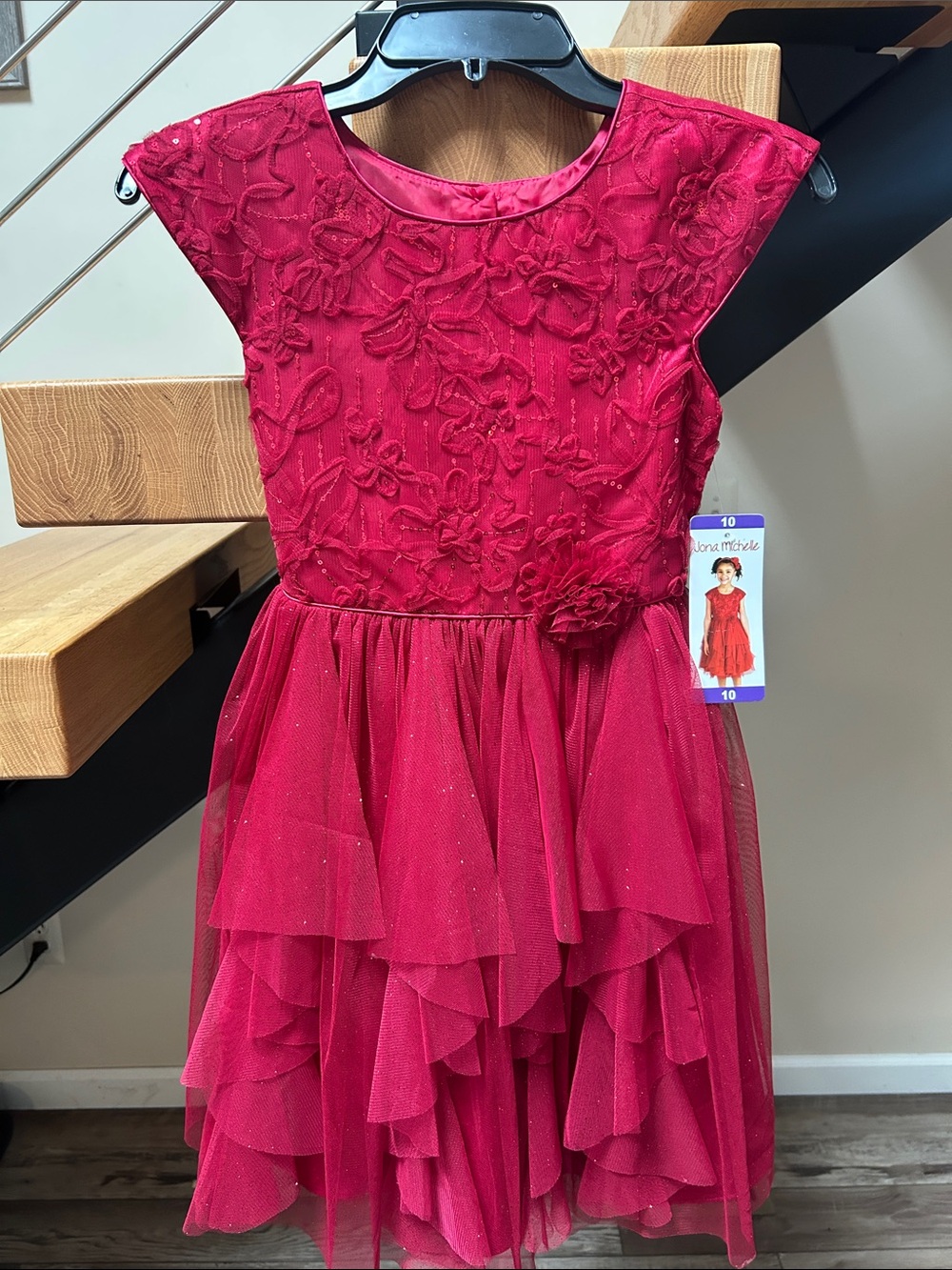 Jona Michelle Deep Red Floral Appliqué & Tiered Glitter Tulle Dress